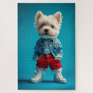 Stylish Westie Pup in Denim and Sneakers Jigsaw Puzzle