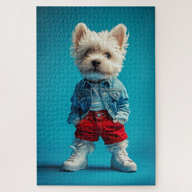 Stylish Westie Pup in Denim and Sneakers Jigsaw Puzzle (Vertical)