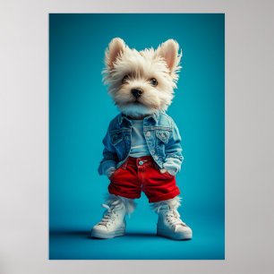 Stylish Westie Pup in Denim and Sneakers Poster