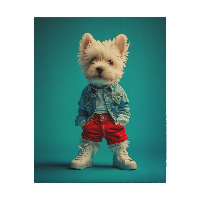 Stylish Westie Pup in Denim and Sneakers Wood Wall Art (Front)