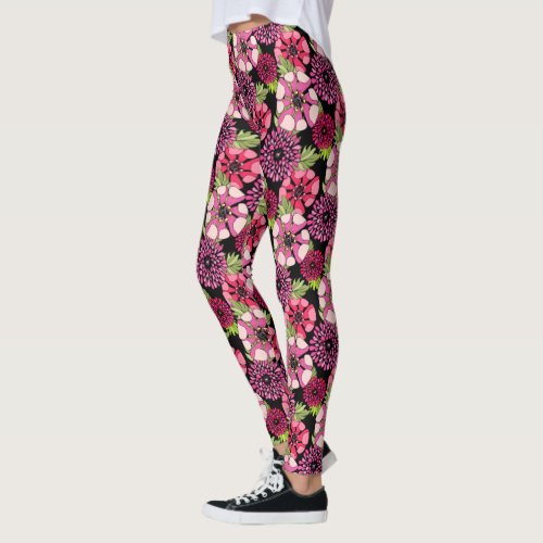 Stylish Whimsical Flowers Pattern Black Floral  Leggings