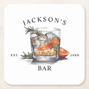 Stylish Whiskey Cocktail Name & Year Home Bar Square Paper Coaster