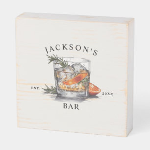 Stylish Whiskey Cocktail Name & Year Home Bar Wooden Box Sign
