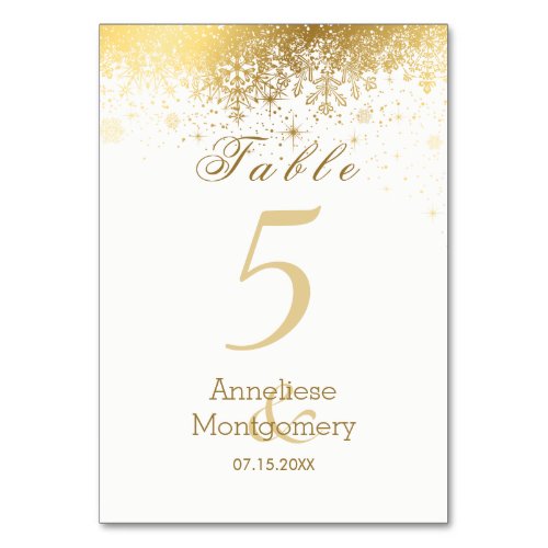 Stylish White and Gold Metallic Snowflakes Table Number