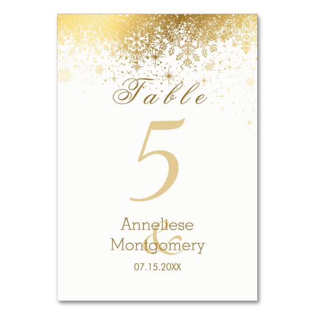 Stylish White and Gold Metallic Snowflakes Table Number (Front)