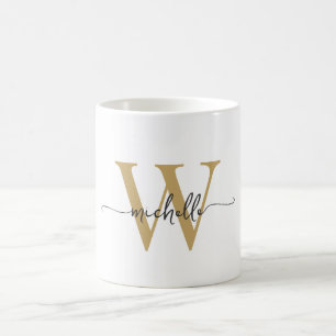 Stylish White and Gold Monogram Name Script  Coffee Mug