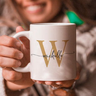 Stylish White and Gold Monogram Name Script Coffee Mug