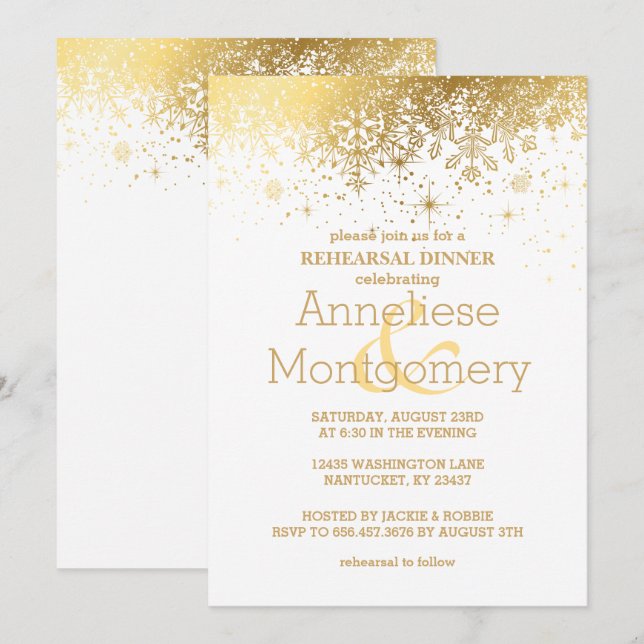 Stylish White and Gold Snowflake Rehearsal Dinner Invitation (Front/Back)