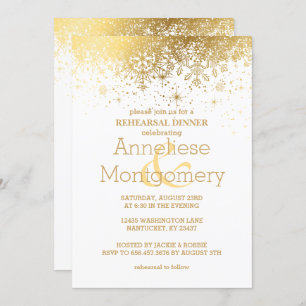 Stylish White and Gold Snowflake Rehearsal Dinner Invitation