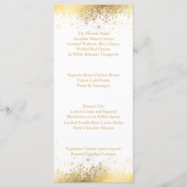 Stylish White and Gold Snowflakes Menu (Front)