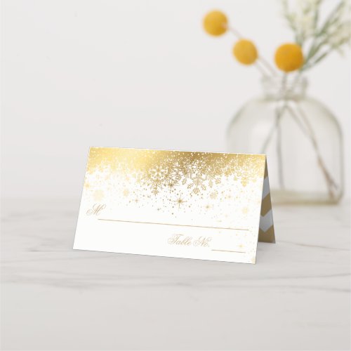 Stylish White and Gold Snowflakes Place Card