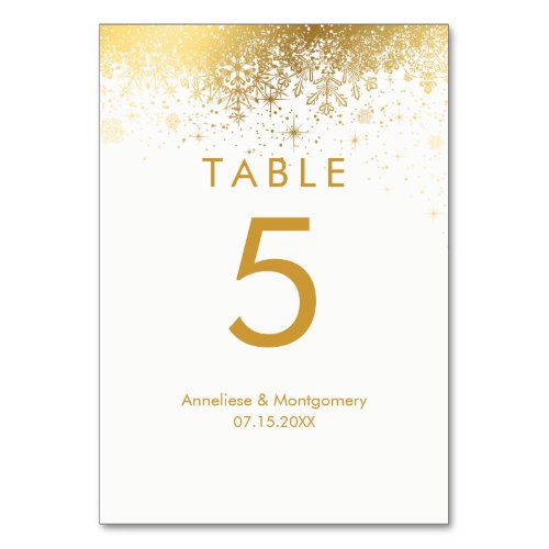 Stylish White and Gold Snowflakes Table Cards