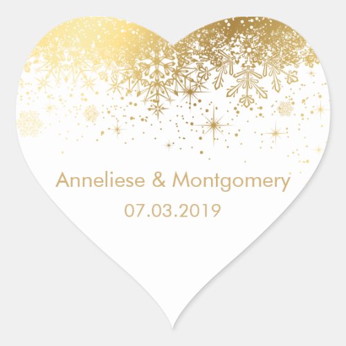 Stylish White and Gold Snowflakes  Wedding Heart Sticker