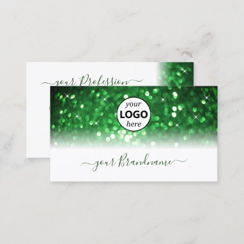 Stylish White and Green Sparkling Glitter Add Logo Business Card