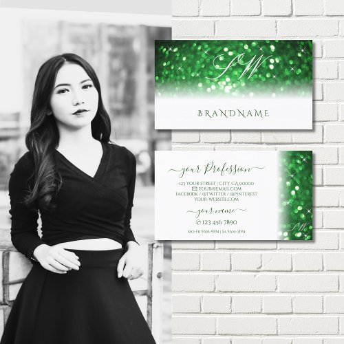 Stylish White and Green Sparkling Glitter Initials Business Card