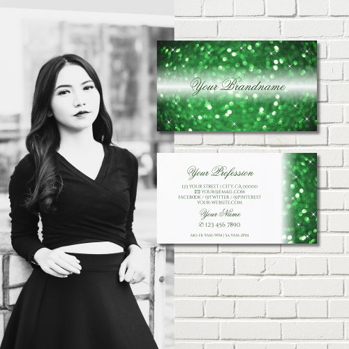 Stylish White and Green Sparkling Glitter Modern Business Card