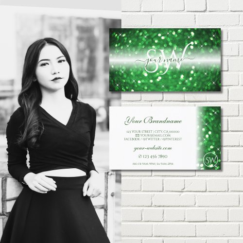 Stylish White and Green Sparkling Glitter Monogram Business Card