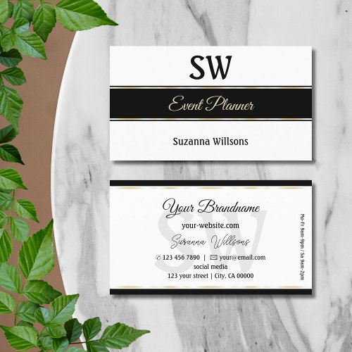 Stylish White Black and Gold Stripes with Monogram Business Card
