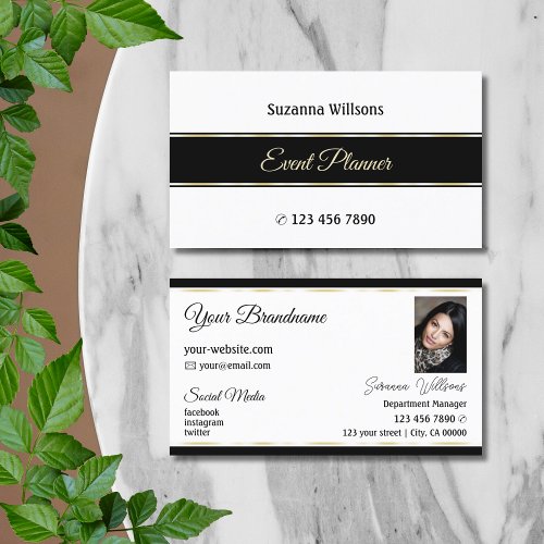 Stylish White Black and Gold Stripes with Photo Business Card