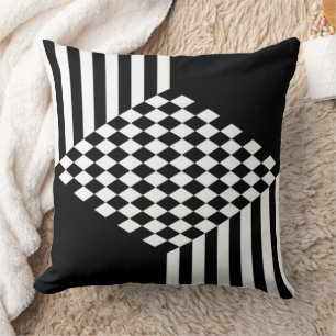 Stylish White & Black Stripes Diamond Checkers Throw Pillow