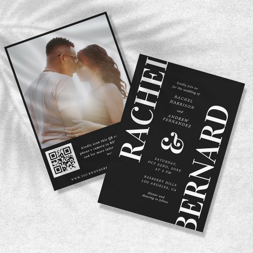 Stylish White  Black Typography QR Code Wedding Invitation