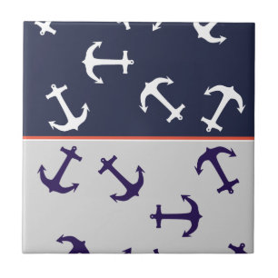 Stylish White Blue Anchors Sea Ocean Ceramic Tile