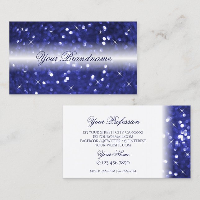 Stylish White Blue Sparkle Glitter Stars Glamorous Business Card (Front/Back)