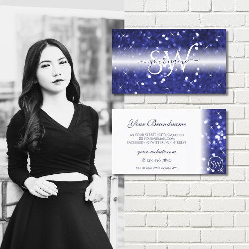 Stylish White Blue Sparkle Glitter Stars Monogram Business Card