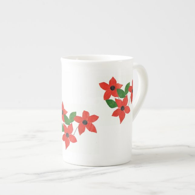 Stylish White Bone China Mug Red Floral Design (Front Right)