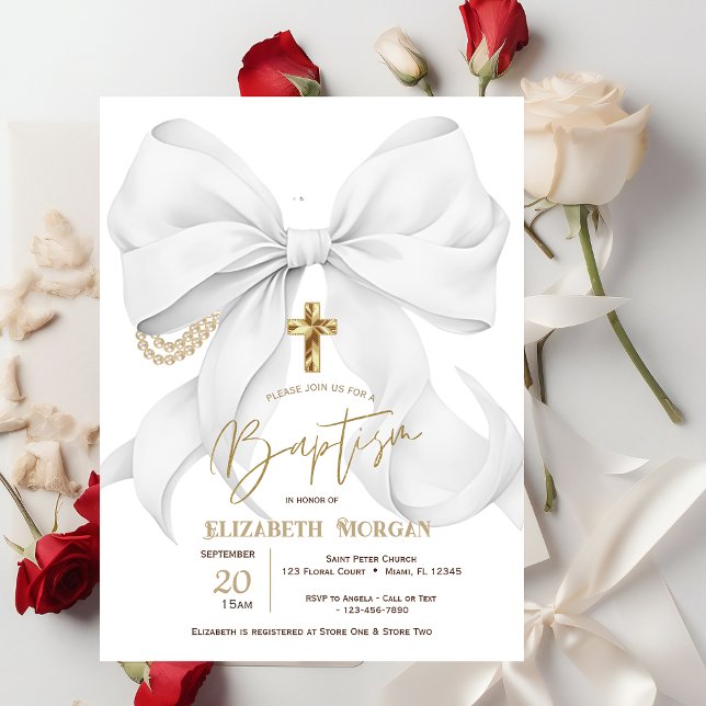 Stylish White Bow Pearls Cross Dots Baptism Invitation (Creator Uploaded)