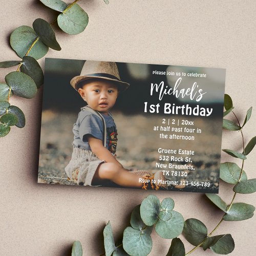 stylish white calligraphy  boy 1st birthday photo  invitation