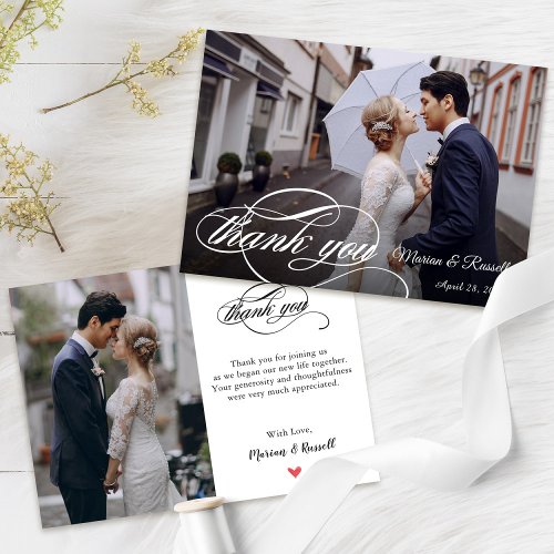Stylish White Calligraphy Wedding Photo Thank You
