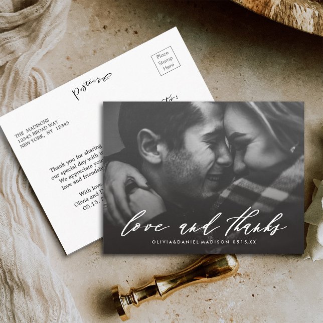 Stylish White Calligraphy Wedding Photo Thank You Postcard (Front & Back)