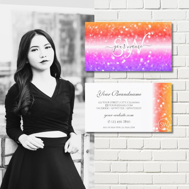 Stylish White Colorful Sparkling Glitter Initials Business Card (Creator Uploaded)
