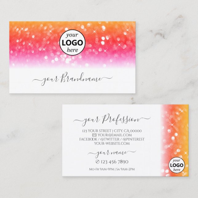 Stylish White Colorful Sparkling Glitter with Logo Business Card (Front/Back)