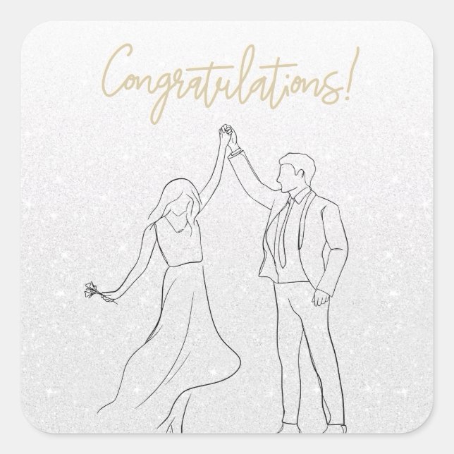 Stylish White Congratulations Wedding Card Square Sticker (Front)