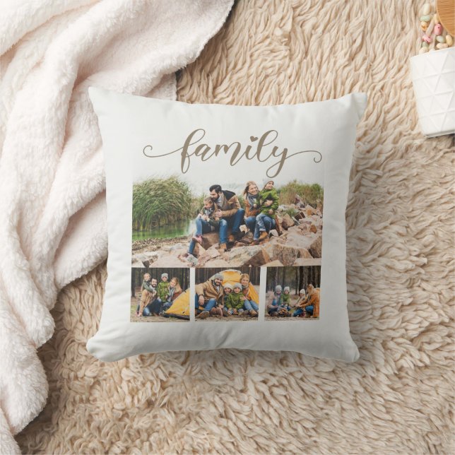 Stylish White Custom 4 Family Photo Collage Throw Pillow (Blanket)