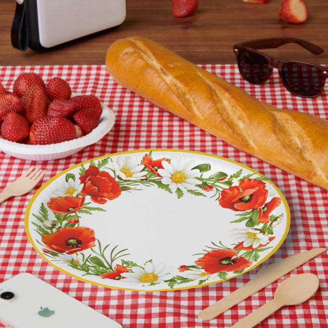 Stylish White Daisies Red Poppies Flower Wreath Paper Plates (Picnic)