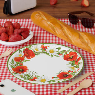 Stylish White Daisies Red Poppies Flower Wreath Paper Plates