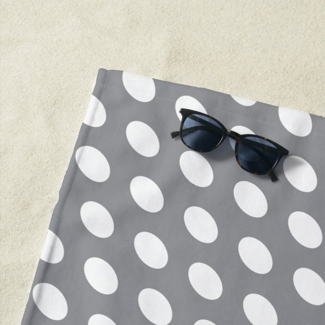 Stylish White Elliptical Polka Dots On Modern Gray Beach Towel (In Situ)