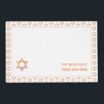 Stylish White | Enjoy Your Meal | STAR OF DAVID Placemat<br><div class="desc">Modern white STAR OF DAVID Table Placemats, showing with colorful Star of David in a tiled pattern. Near the bottom, there is a larger single Star of David, plus text that reads ENJOY YOUR MEAL in English and Hebrew text. These are CUSTOMIZABLE so you can PERSONALIZE with your family name...</div>