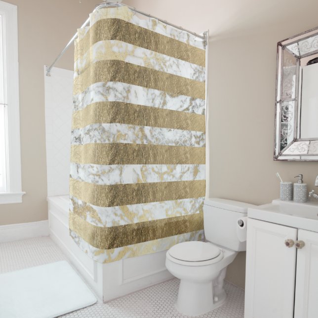 Stylish white faux gold marble stripes pattern sho shower curtain (In Situ)