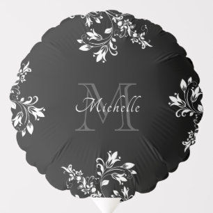 Stylish White Floral Monogram Name Balloon