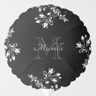 Stylish White Floral Monogram Name Balloon