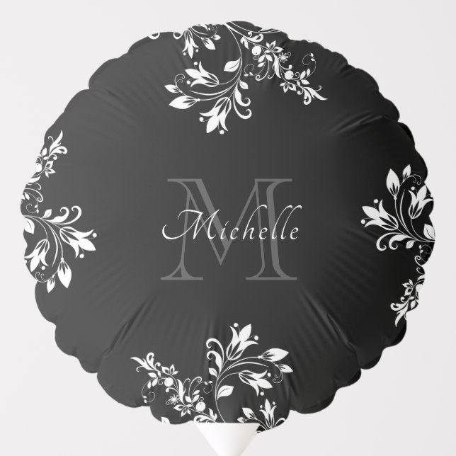 Stylish White Floral Monogram Name Balloon (Front)