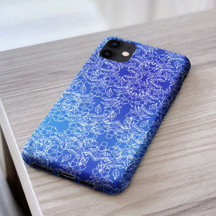 Stylish white Floral pattern swirl on blue iPhone 11 Case