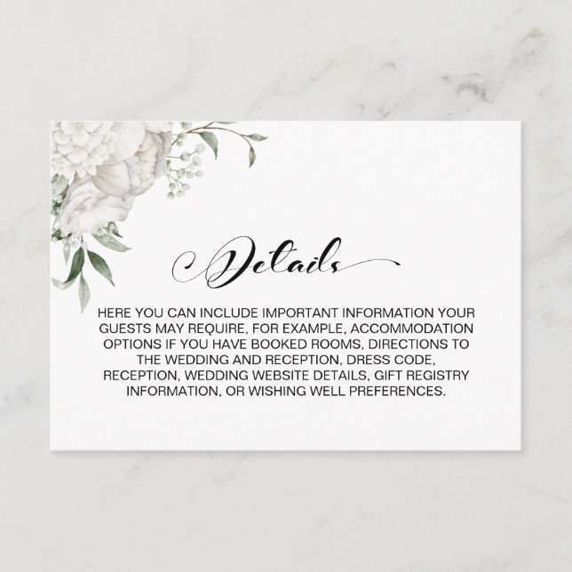 Stylish White Floral Wedding Details Enclosure Card (Front)