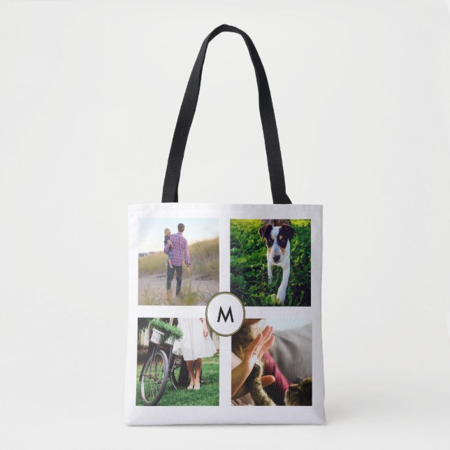 Stylish White Four Photo Grid with Monogram Tote Bag (Front)
