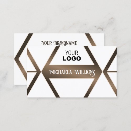Stylish White Geometric Brown Shimmer with Logo Business Card