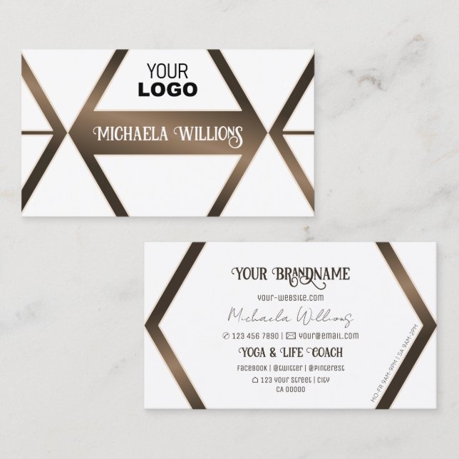 Stylish White Geometric Brown Shimmer with Logo Business Card (Front/Back)